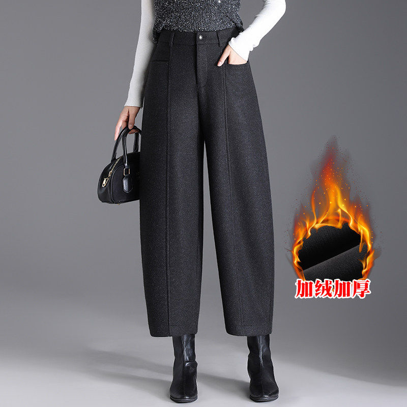 加绒羊毛呢阔腿裤女冬季2025新款爆款宽松小个子加厚弯刀直筒裤子