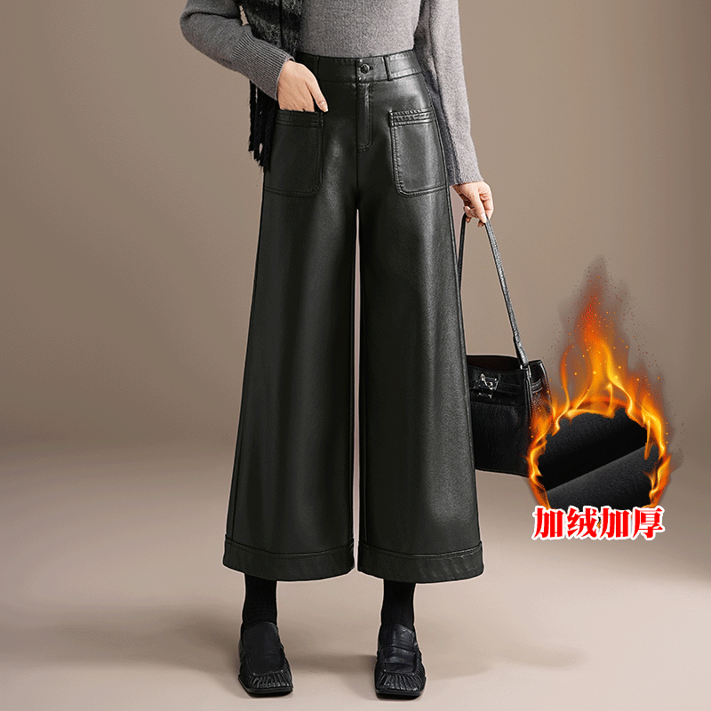 皮裤阔腿裤女秋冬季2025年新款爆款高腰宽松休闲裤pu皮妈妈九分裤