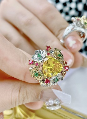 意大利宫廷风工艺璀璨级感开口戒指仿天然黄水晶彩色石戒指女