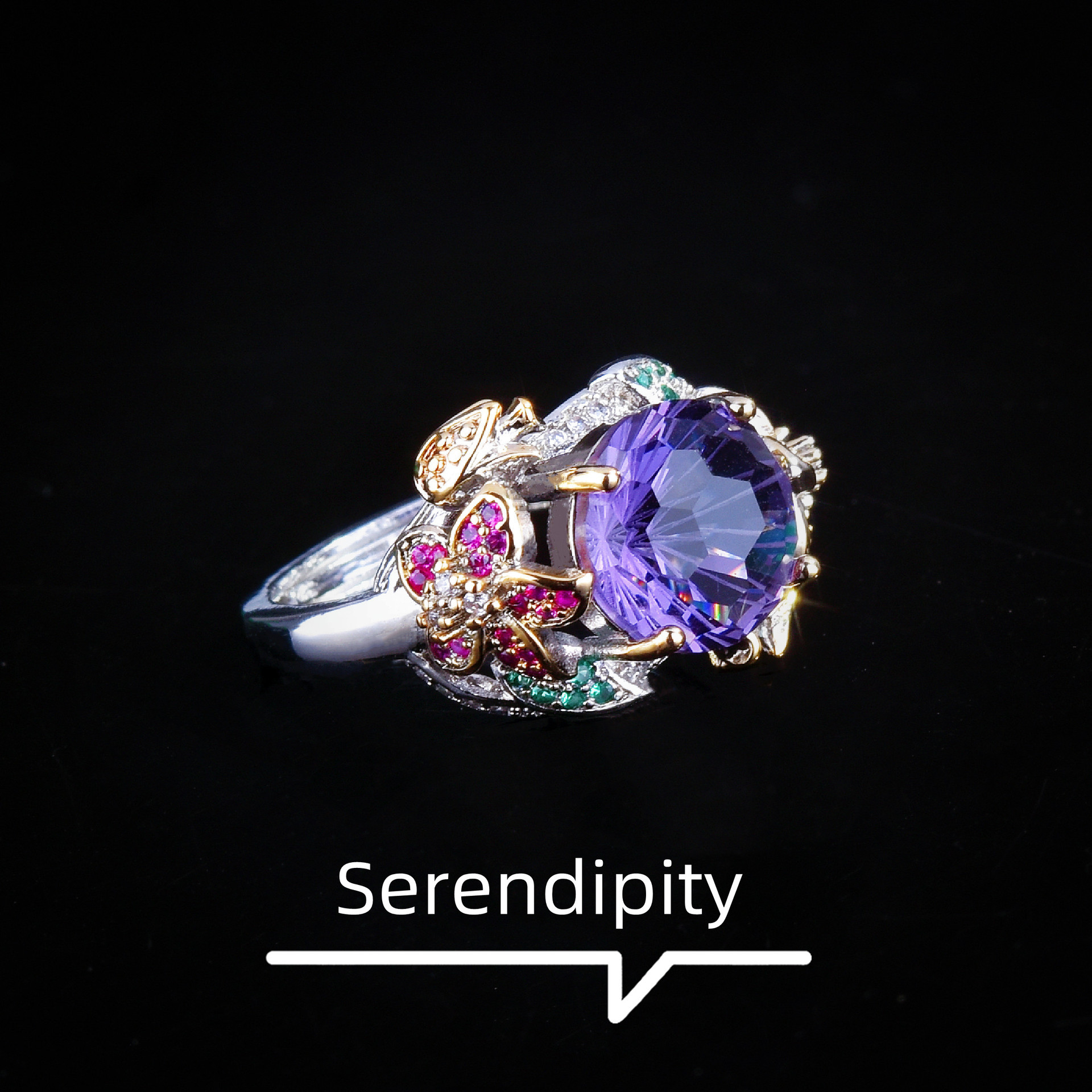 多彩花朵开口彩戒指女意大利双色金工艺手工镶嵌烟花切紫钻戒指