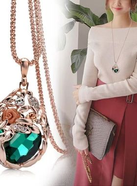 韩版档水晶圆形毛衣链长款时尚百搭秋冬项链跨境爆款挂饰女吊坠