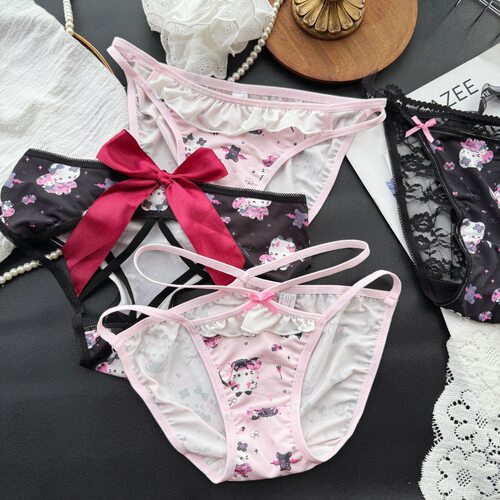 【80-125斤】B601#卡通冰丝内裤女性感纯欲猫咪可爱女内裤