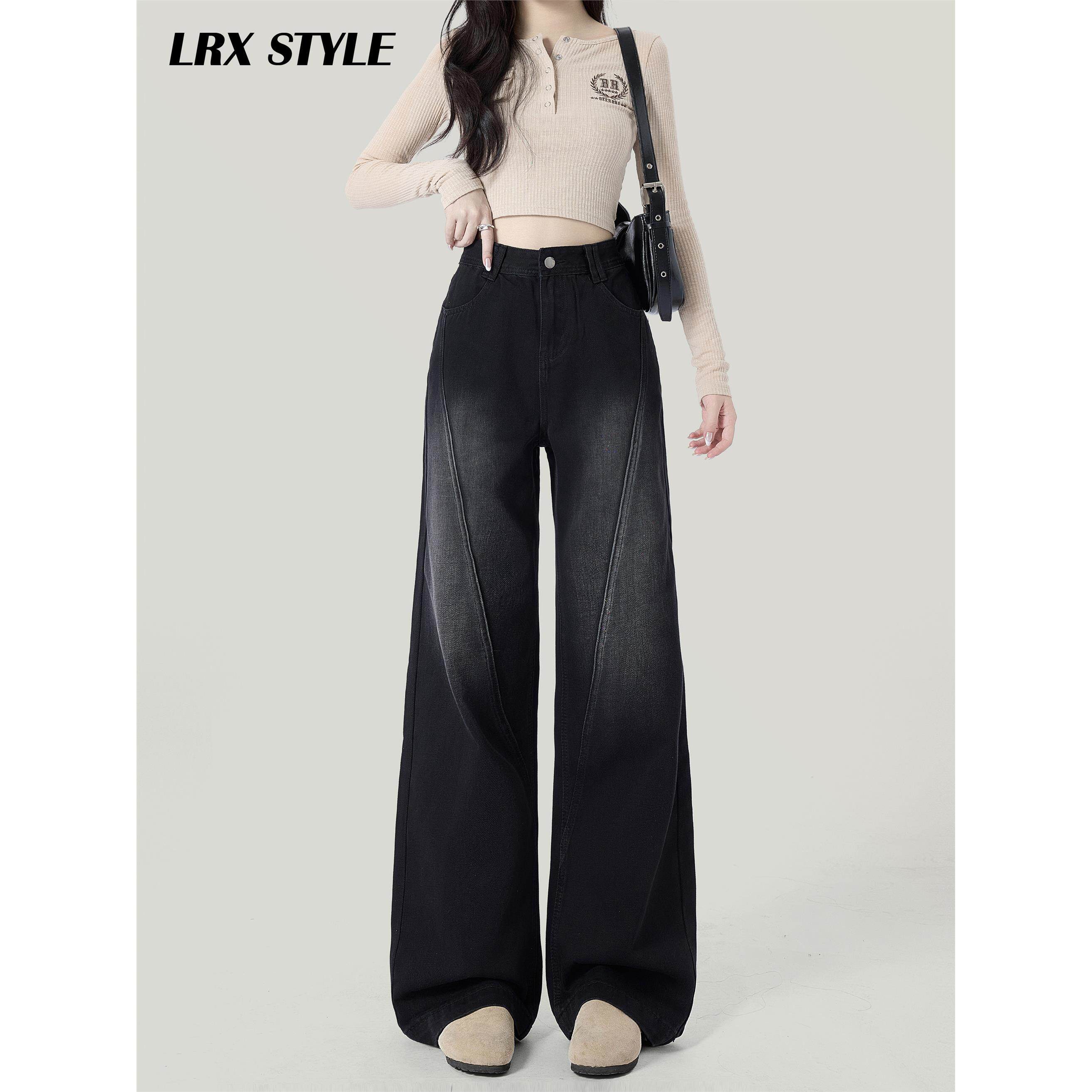 黑灰色阔腿牛仔裤女夏季2025年新款设计感高腰秋季小个子直筒裤子