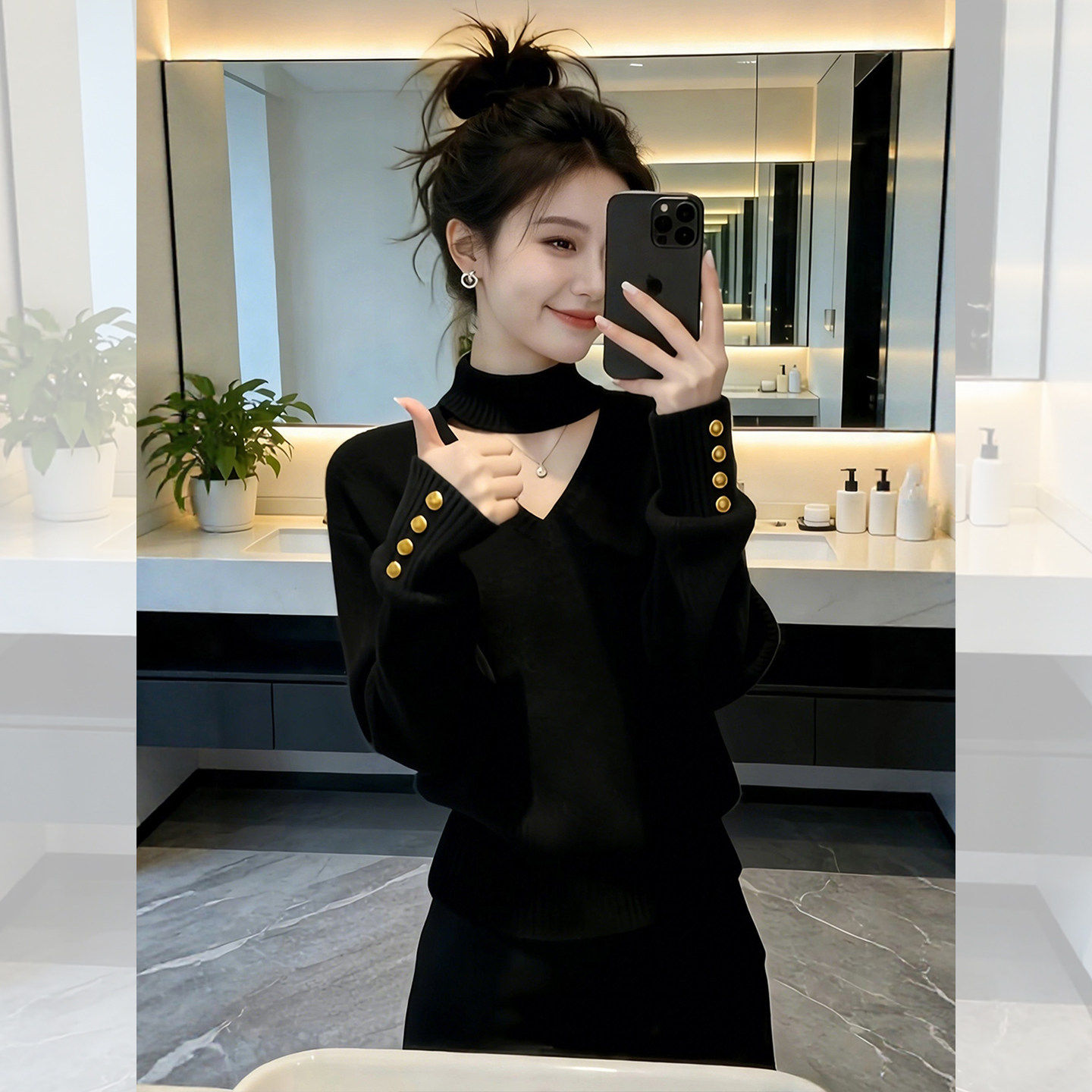 黑色挂颈设计感收腰针织衫百搭毛衣女春季内搭巨好看的打底衫上衣