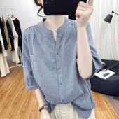 衬衫 品牌撤柜春夏薄款 纯棉千鸟格宽松短袖 女减龄上衣文艺显瘦衬衣