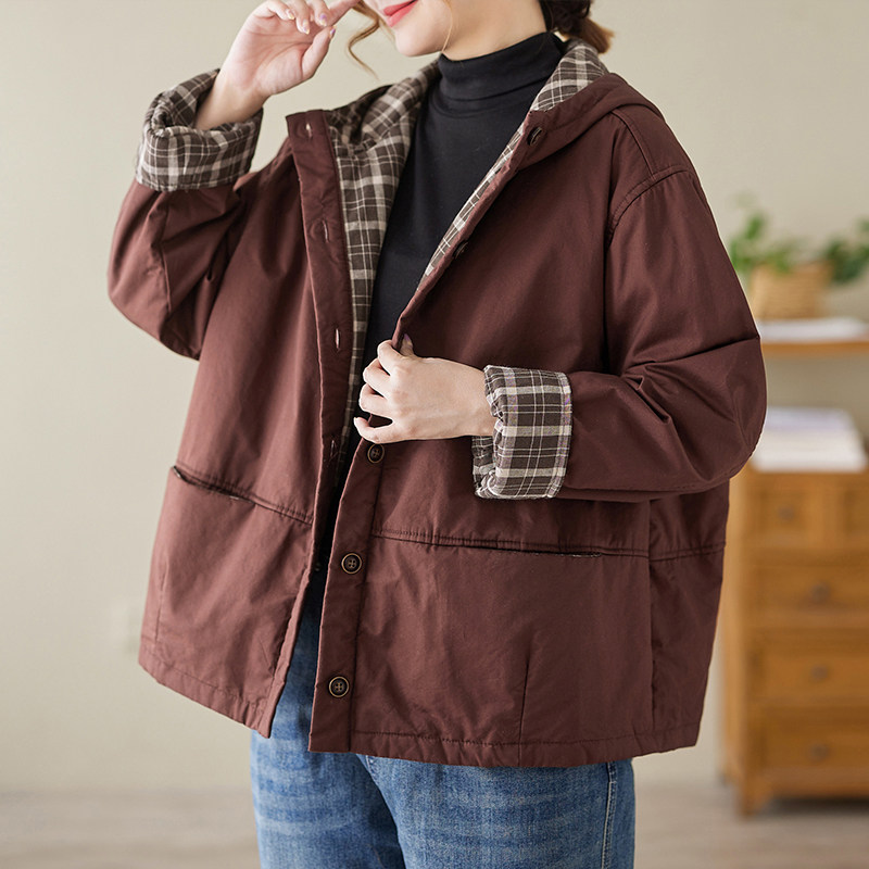 高品质冬季复古宽松双层棉风衣外套内里格纹连帽夹棉棉袄保暖棉服
