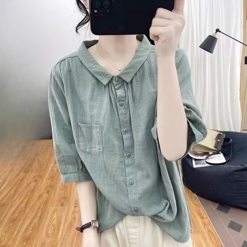 时尚减龄宽松棉麻短袖衬衫女上衣