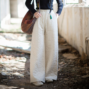 纯色棉麻加厚阔腿裤 新款 女秋冬季 复古宽松夹棉防寒保暖显瘦直筒裤