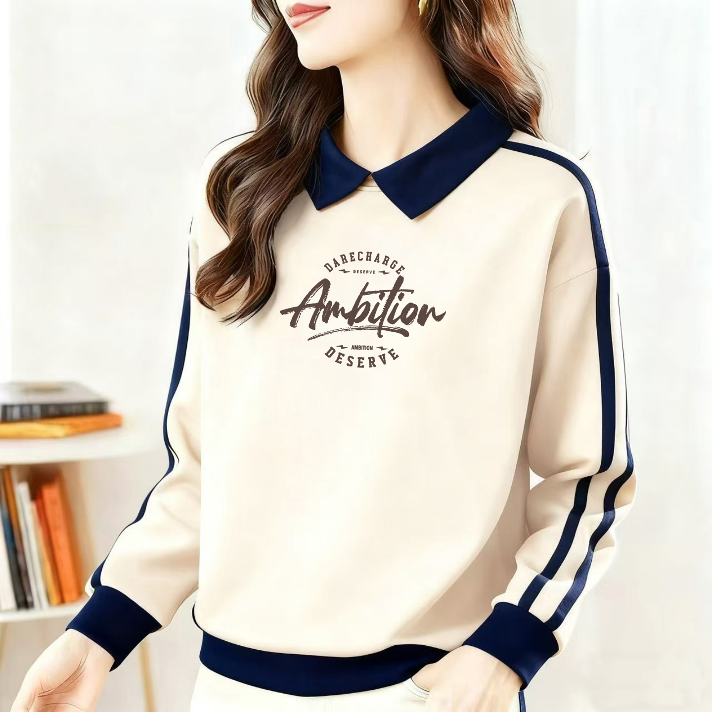 复古文艺POLO领纯棉长袖卫衣女时尚减龄撞色拼接印花打底衫上衣潮