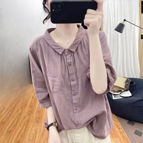 复古文艺宽松棉麻衬衫女春夏季时尚减龄显瘦休闲百搭五分袖上衣潮