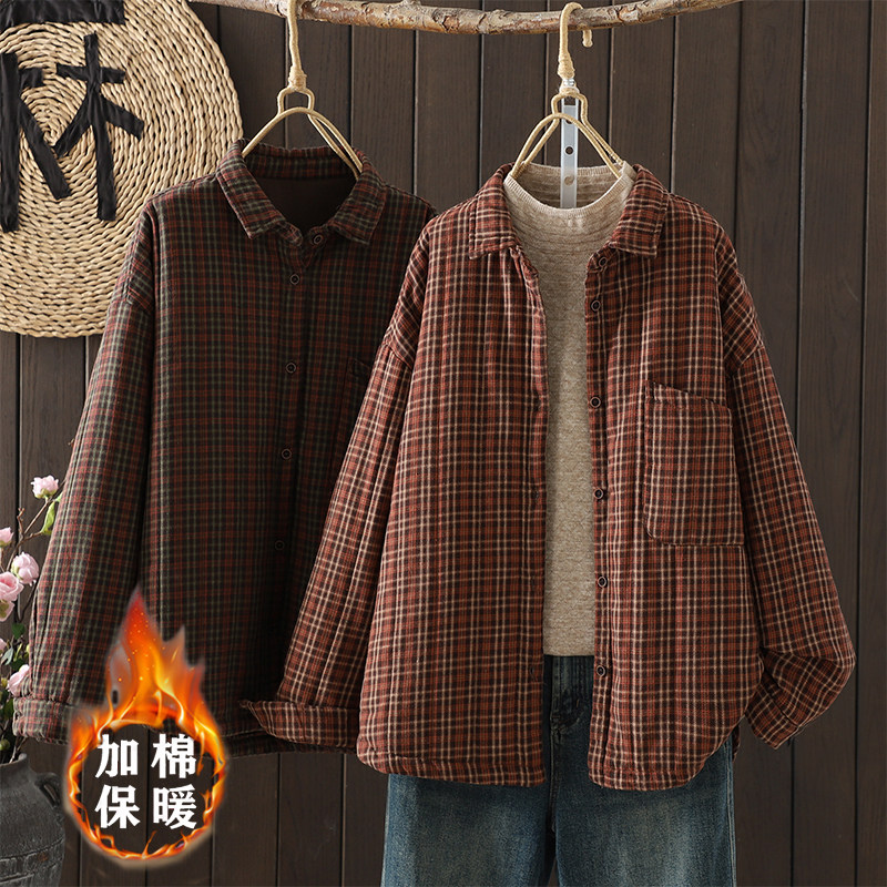 复古翻领文艺范格子加棉保暖棉衣女减龄宽松单排扣休闲棉袄外套潮