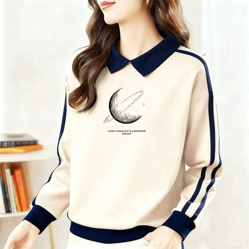 时尚减龄撞色polo领纯棉长袖卫衣女文艺宽松百搭打底衫休闲上衣潮