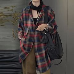 品牌折扣清仓复古宽松中长款格子衬衫外套女春秋季遮屁股显瘦上衣