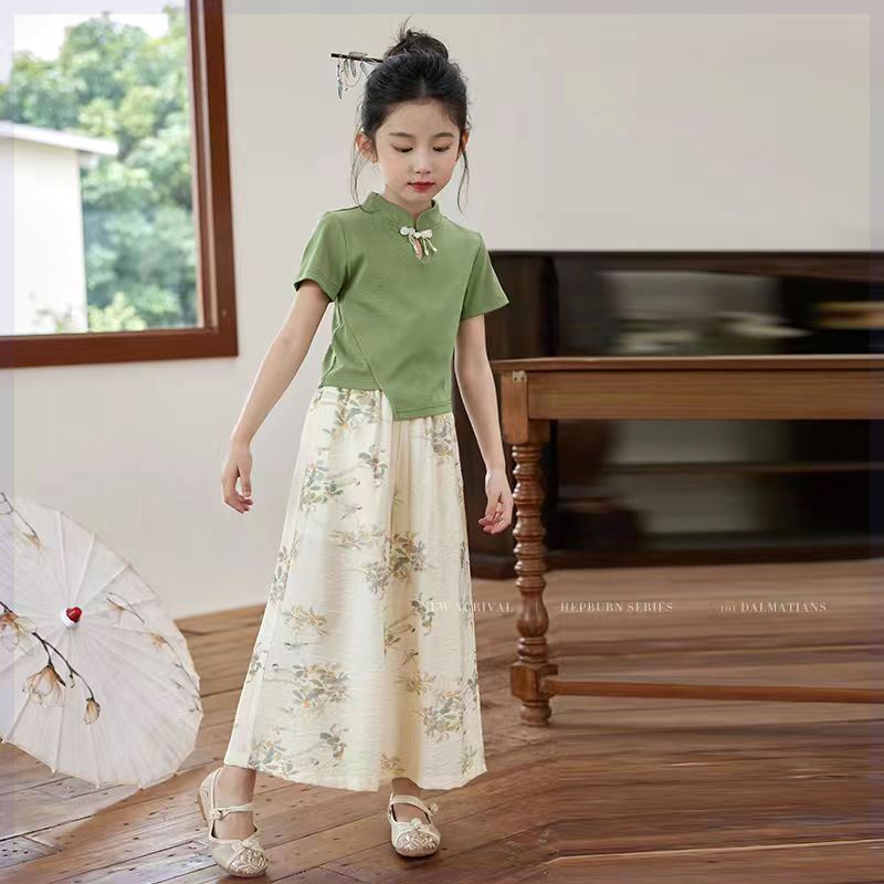 女童夏季中式国风套装2024新款中大童洋气盘扣短袖儿童长裤两件套