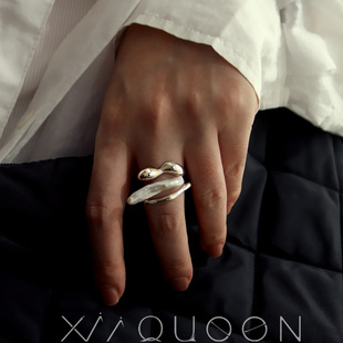 不规则夸张设计师款925纯银异形珍珠戒指小众ins叠戴开口戒指男女