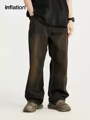 American Street Style Yellow Sand-Washed Wide-Leg Jeans for Men 2024 Spring and Summer Trendy Retro Distressed Loose Straight Pants