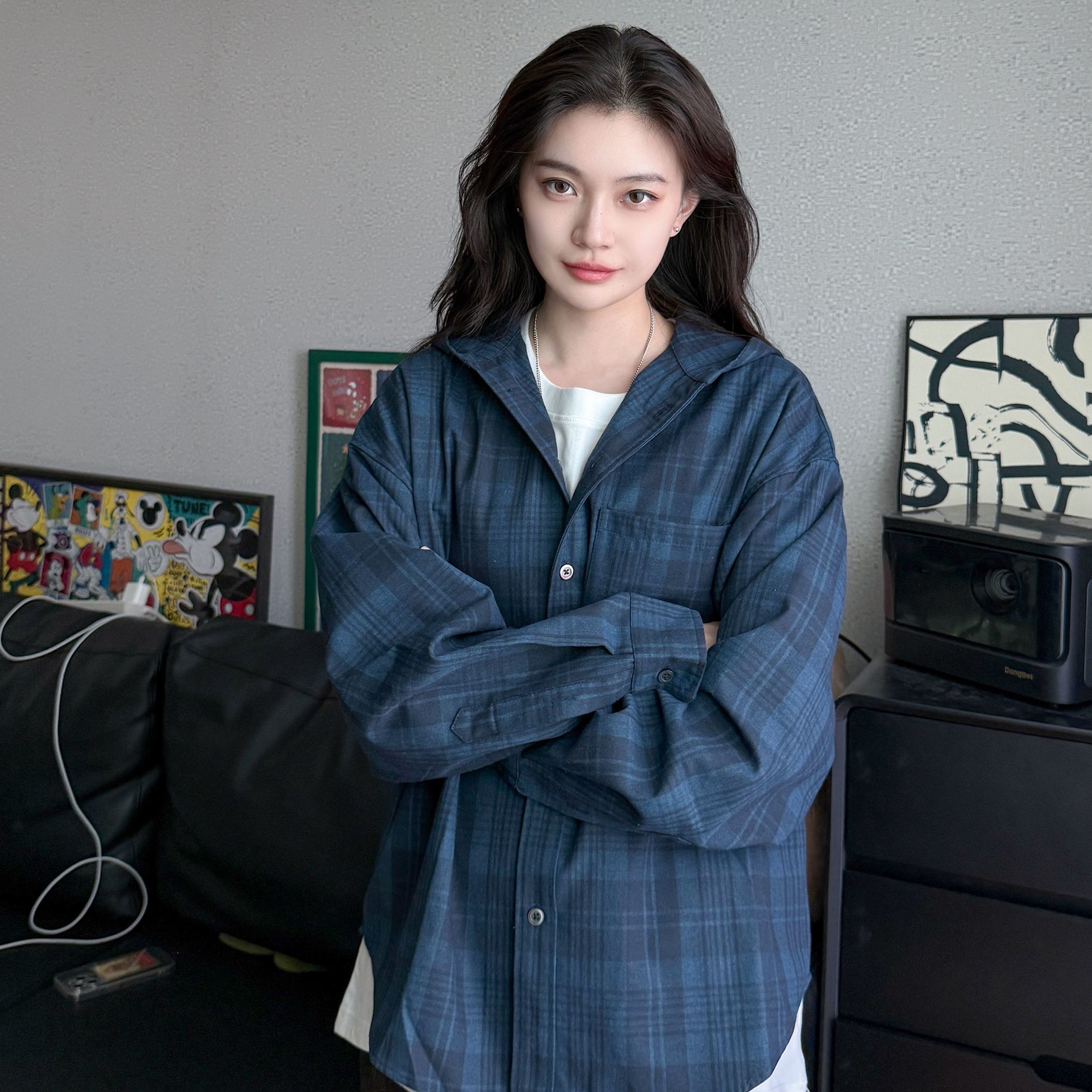 ALKE 春秋蓝色格子cleanfit风连帽设计宽松慵懒长袖衬衫 男女情侣