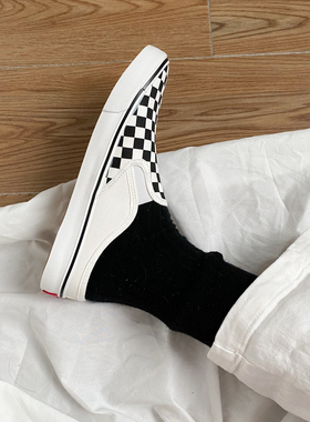 ALKE 半拖简约黑白格子懒人低帮百搭套脚一脚蹬帆布鞋 男女情侣款