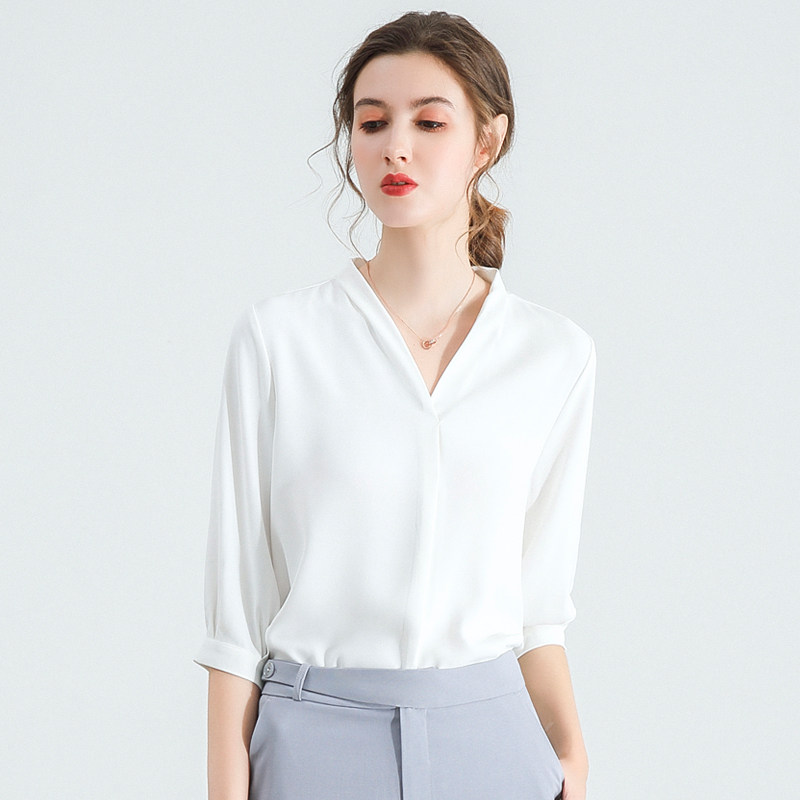 职业雪纺七分袖衬衫女2022年夏新款上衣V领工作正装气质白色中袖