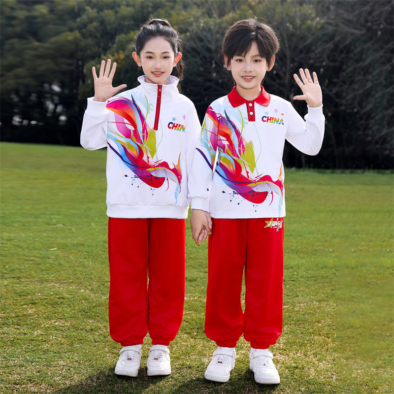 小学生校服运动套装男女春秋运动会开幕式团体表演服红白色