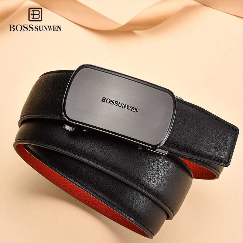 BOSSSUNWEN头层牛皮本命年新年结婚红腰带男士真皮自动扣皮带裤带