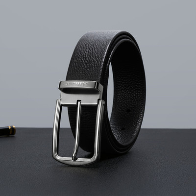 BOSSSUNWEN不锈钢针扣低调轻奢头层牛皮男士皮带商务休闲真皮腰带
