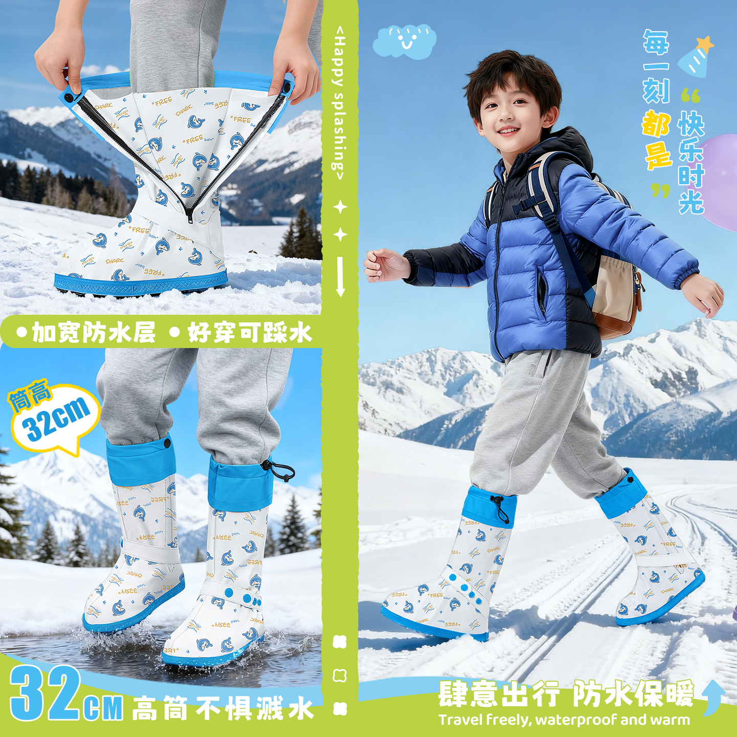 冬季防雪鞋套儿童防水防滑雨鞋套小学生上学专用雨靴高筒雪地装备