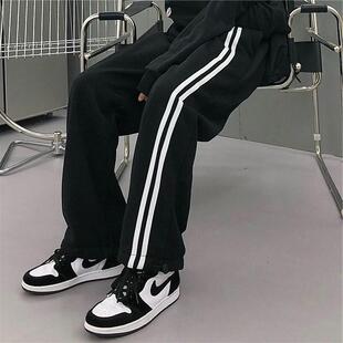 阔腿裤韩国ins卫裤宽松直筒韩版两条杠松紧束脚运动休闲裤男女裤