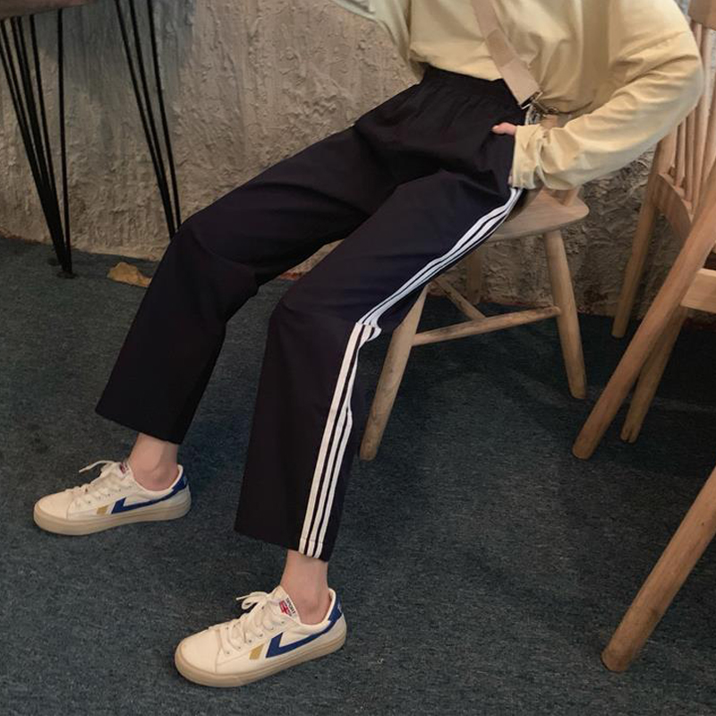 休闲裤男女春夏显瘦白边双
