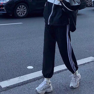 清仓捡漏广州十三行韩国高货大码条纹阔腿裤直筒休闲裤束脚运动裤