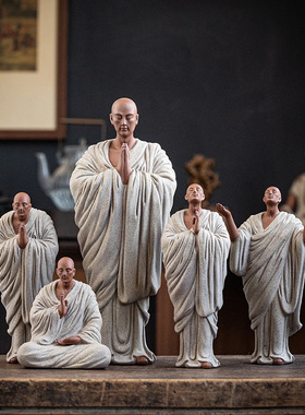 禅意紫砂小和尚摆件中式家居许愿小沙弥茶室桌面博古架陶瓷