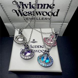 欧美小众设计蓝色闪钻渐变土星orb项链满钻飞碟choker小众锁骨链