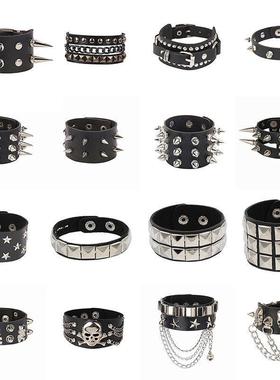 时尚朋克哥特式骷髅铆钉暗黑复古情侣皮质PU手环情侣手链手镯