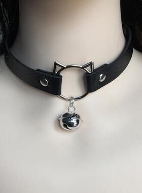原创小猫咪铃铛项圈辣妹小众皮质choker女可爱甜酷颈圈锁骨链颈带