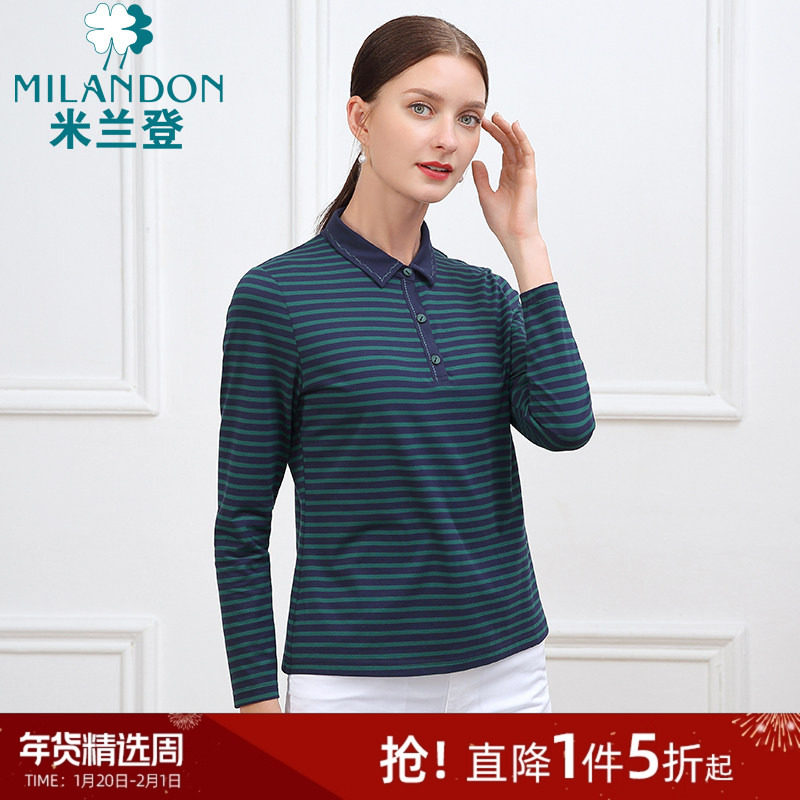 米兰登中老年女装2025年春季新款翻领长袖T恤针织条纹妈妈装上衣,女装/女士精品,中老年女装,淘宝优惠券,粉丝福利购,淘宝优惠卷