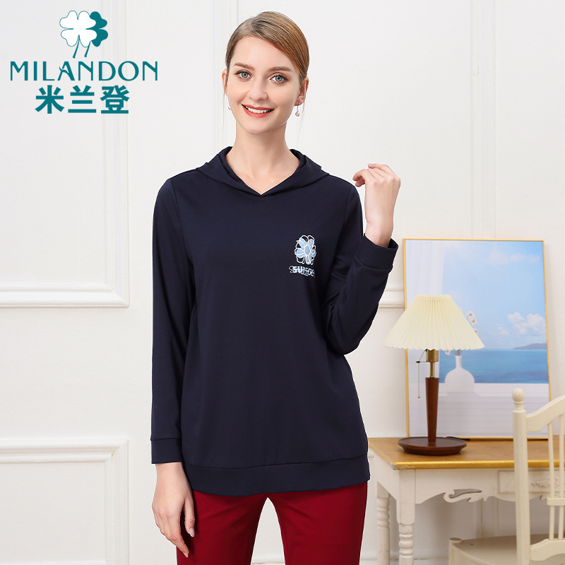 米兰登中老年妈妈装2025年春秋新款休闲连帽卫衣女长袖套头针织衫
