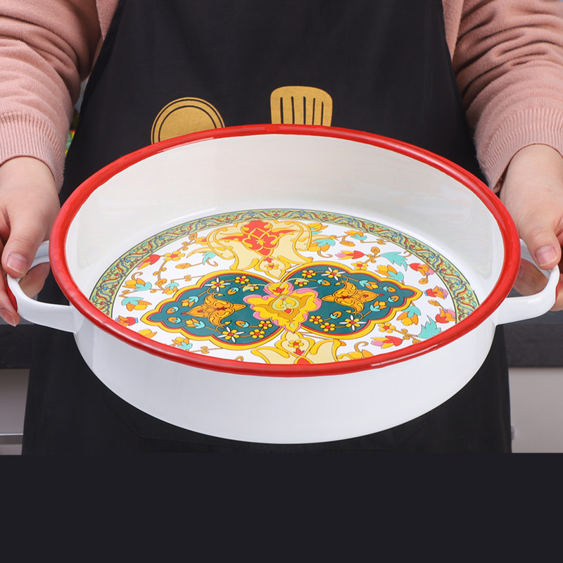 【可烤箱】欧丽家珐瑯搪瓷北欧双耳搪瓷盘子圆形烤盘盘子餐具家用