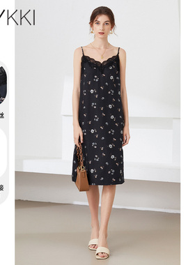 IVYKKI艾维奥莱2024春夏新款黑色碎花蕾丝拼接吊带连衣裙中长款裙