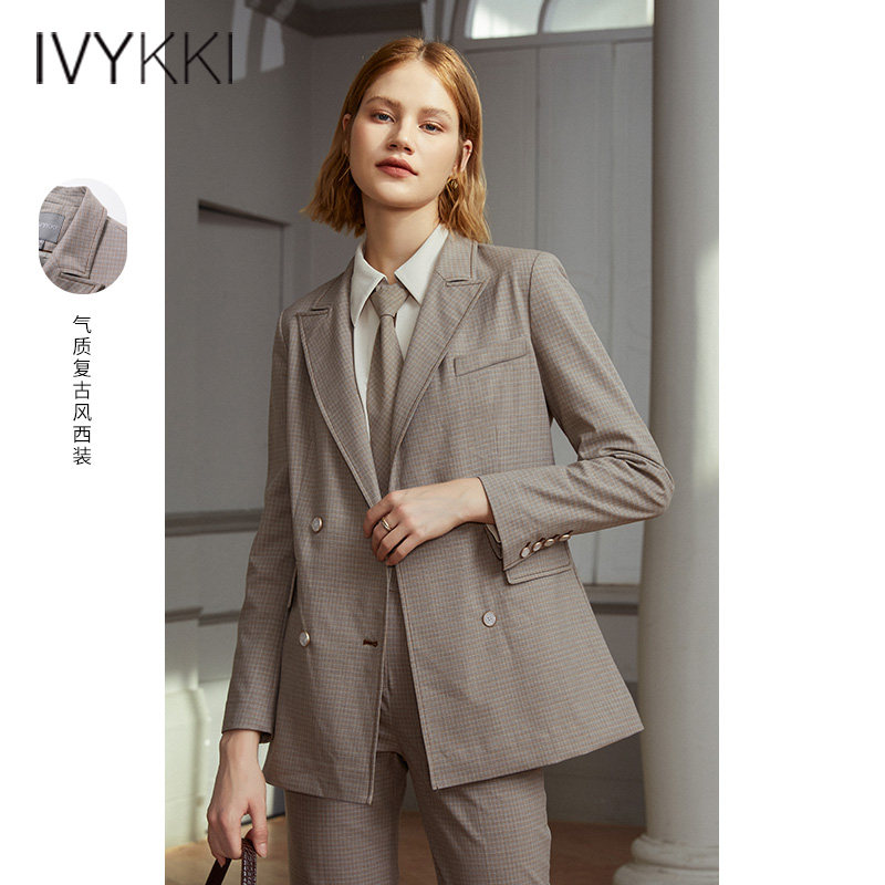 IVYKKI艾维奥莱春季2024春薄款双排扣长袖格子西装外套女低价清仓