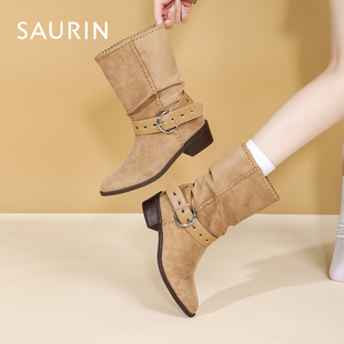 索兰复古西部靴女2025秋冬新款美拉德尖头粗跟堆堆短靴25DH59514