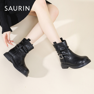 索兰厚底短靴2025冬季新款复古皮带扣粗跟西部马丁靴女25DX55527