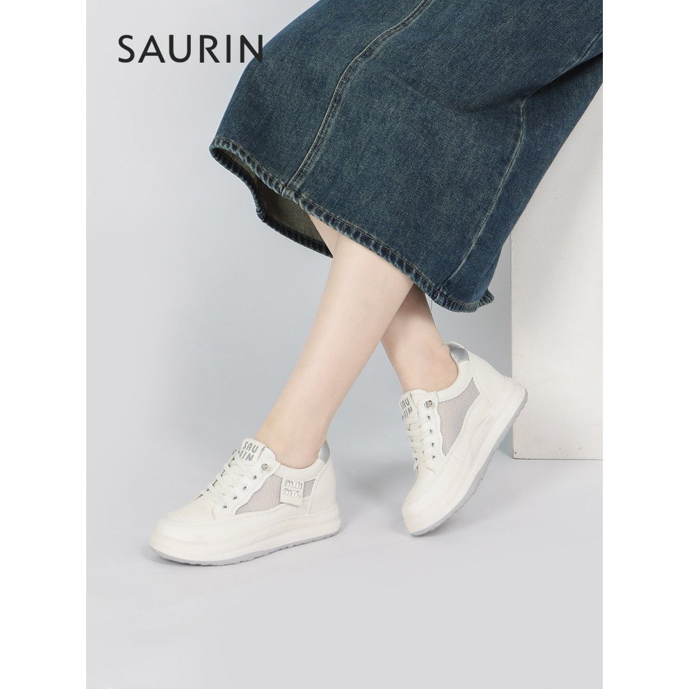 索兰女鞋2024春季新款透气网面休闲鞋厚底内增高小白鞋24ax25223