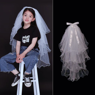 儿童头纱女童蝴蝶结头饰女孩生日写真拍照道具蓬蓬纱花童小公主裙