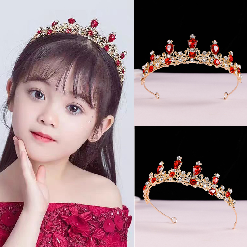 皇冠头饰儿童公主女童生日晚礼服发饰小女孩王冠走秀舞蹈演出红色