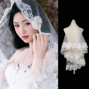 头纱蕾丝花边新娘结婚主婚纱复古遮面长款 拖尾女高级感婚礼圣诞节