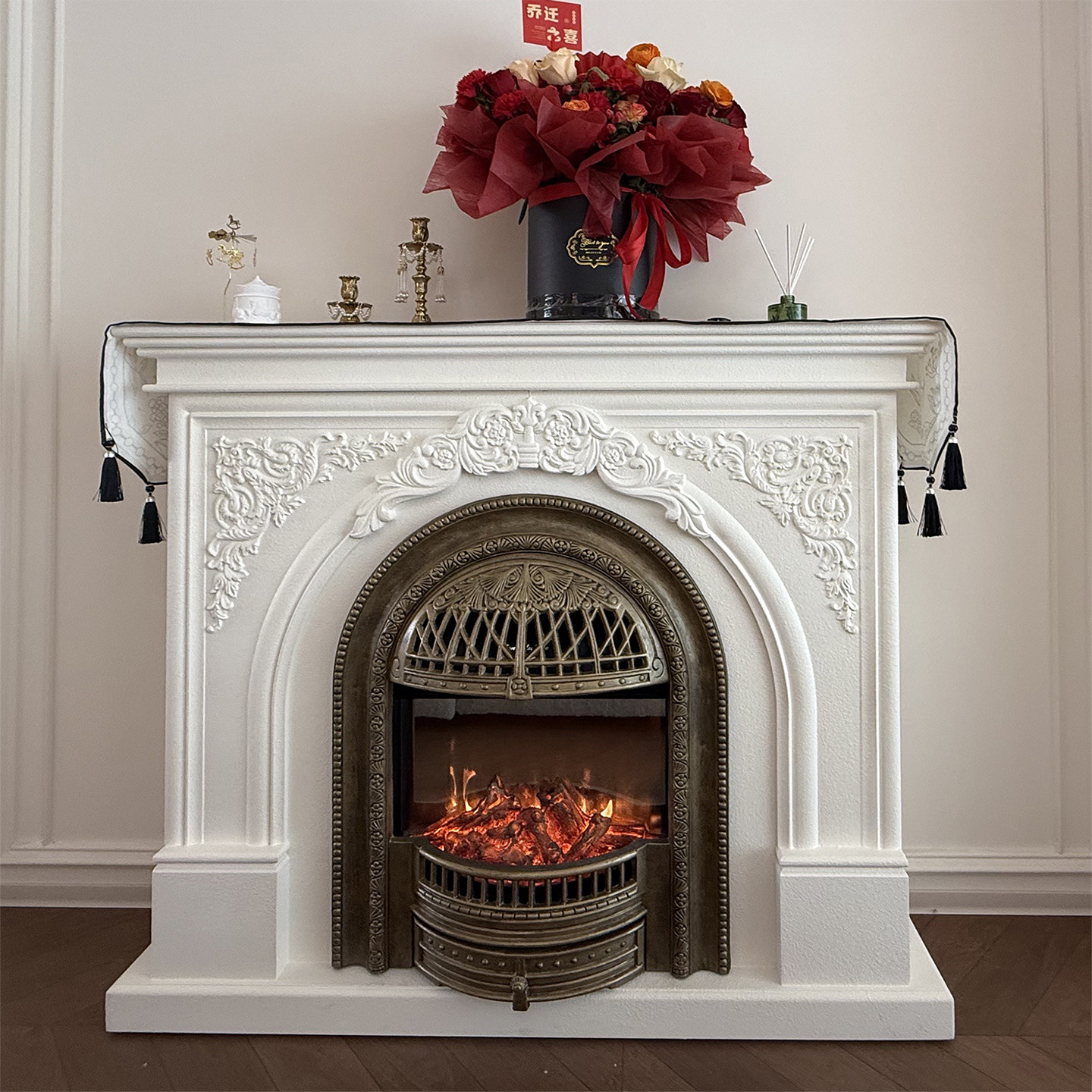 法式白色雕花壁炉仿真火实木鸟笼装饰取暖欧式别墅背景客厅玄关柜