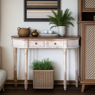 法式复古全实木玄关梳妆台带抽屉白色半圆靠墙美甲桌田园入户书桌