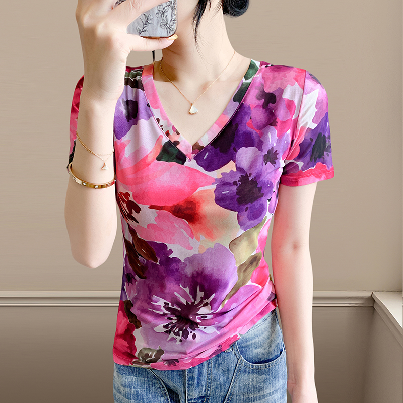 定位网纱大花朵印花V领短袖T恤女士纱衣小衫妈妈夏季显瘦气质上衣
