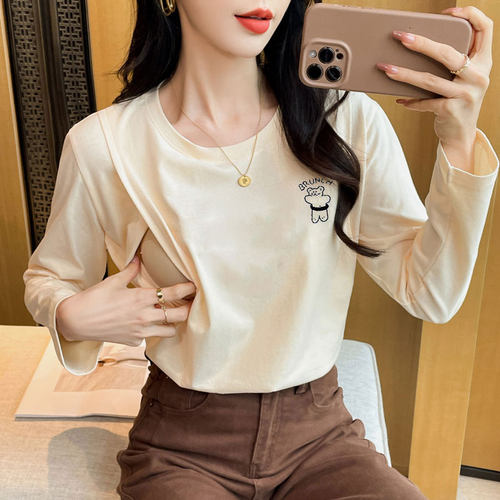 侧开口喂奶上衣纯棉M字哺乳衣