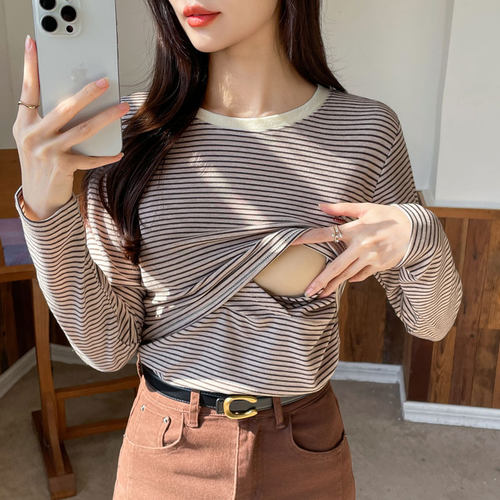 春秋条纹哺乳衣纯棉上掀喂奶上衣
